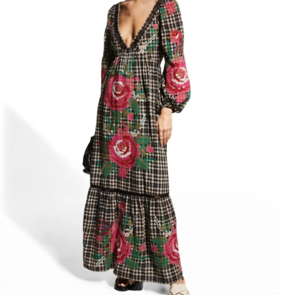 Farm Rio Rooster Cross Stitch Maxi Dress Gingham Embroidered